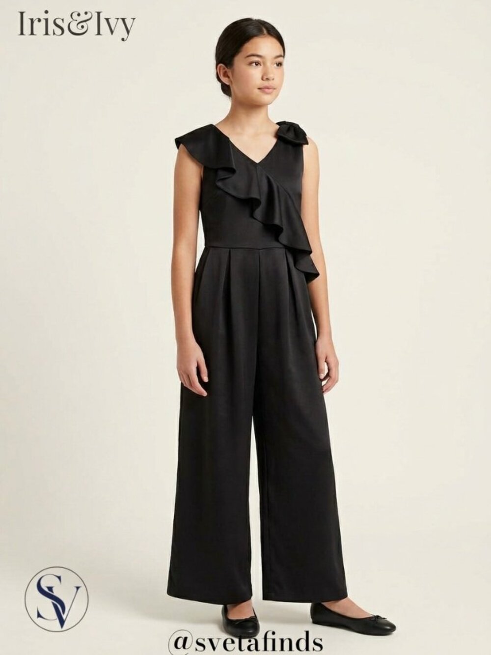 NWT Iris & Ivy Black Ruffle Wide-Leg Jumpsuit Girls Size 16